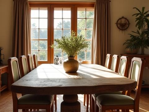 Mesa rústica de madeira com pátina vintage, ideal para casa de campo