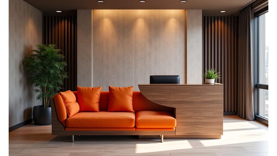 Ambiente de recepção de escritório com sofá de espera estofado na cor corporativa da empresa, e painel de madeira com detalhes da paleta de cores da marca