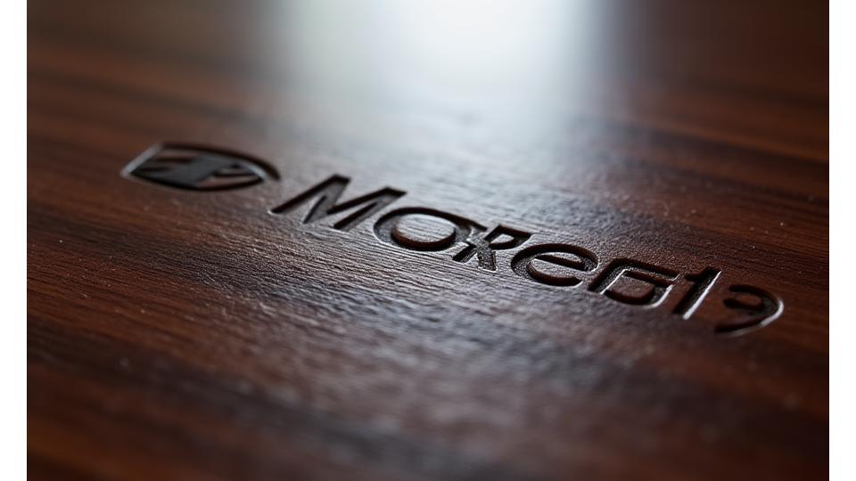 Close-up de uma mesa de conferência de madeira com um logotipo de empresa gravado sutilmente no canto, demonstrando personalização de marca em móveis