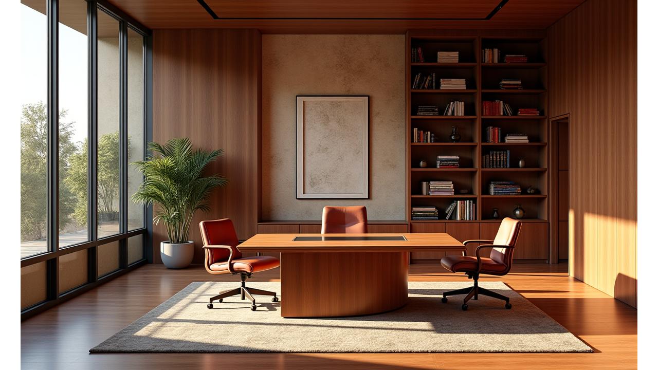 Coleção sofisticada de móveis de escritório em madeira nobre, mesa grande, cadeiras ergonômicas, estantes de livros e iluminação confortável, em um escritório moderno no coração de Lisboa