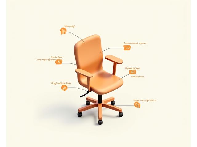 Infográfico interativo mostrando as características ergonômicas de uma cadeira de escritório artesanal de madeira, com pontos destacando apoio lombar, altura ajustável e braços confortáveis