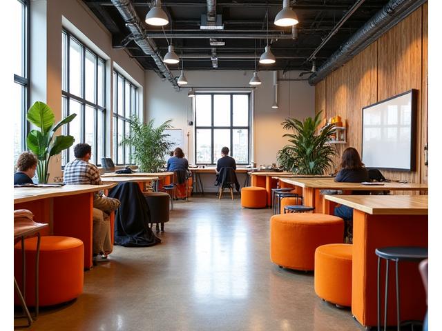 Agência de marketing digital no Porto com espaço de coworking dinâmico, mesas grandes de colaboração, e áreas de descompressão com móveis descontraídos e cores vibrantes