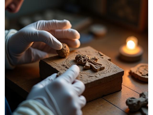 Oratório antigo em madeira escura, com detalhes dourados desgastados, sendo inspecionado cuidadosamente por um restaurador para determinar as necessidades de reparo.