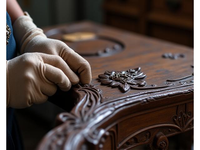 Mão de artesão trabalhando delicadamente na reparação de um entalhe em madeira de um móvel do Século XVIII, foco no detalhe.