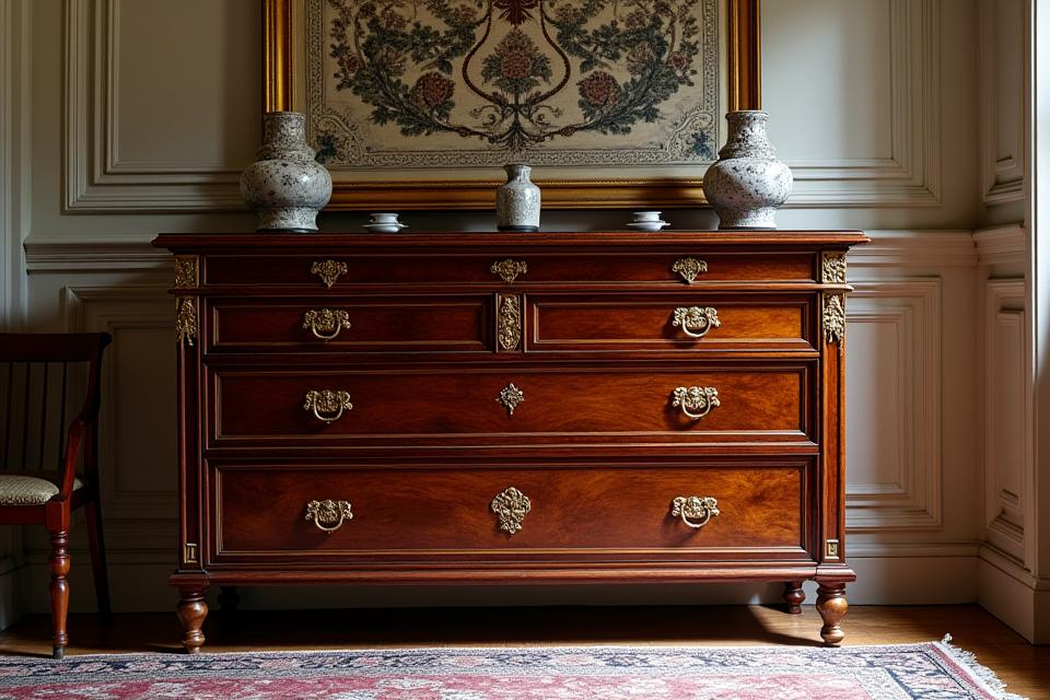Cômoda do estilo D. Maria I luxuosamente restaurada em madeira de raiz, com ferragens de bronze dourado a brilhar, colocada num ambiente clássico elegante.