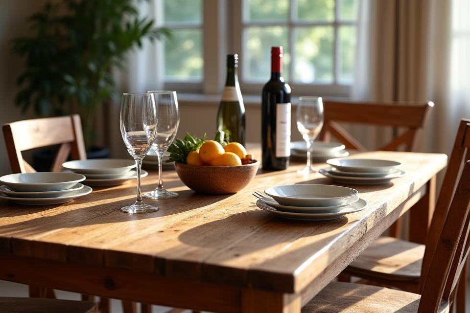 Mesa de jantar rústica de madeira maciça, visivelmente restaurada com um acabamento suave e pátina mantida, com cadeiras à volta, pronta para ser usada pela família.