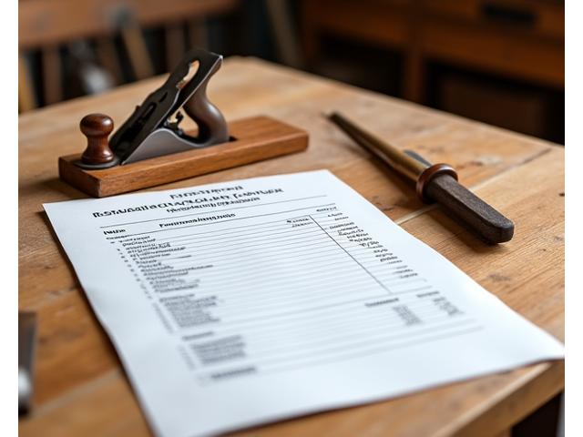 Uma mão apontando para um documento de orçamento detalhado com itens de serviço e custos de restauração em uma mesa de trabalho, com ferramentas de marcenaria ao fundo.