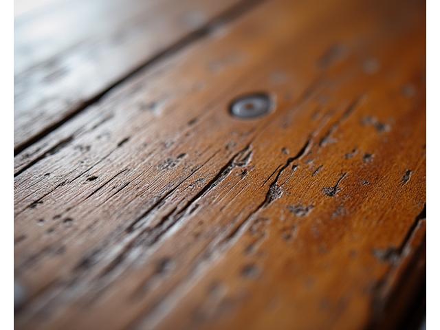 Detalhe de uma pátina desgastada de um móvel antigo, com diferentes tons e texturas que revelam a idade e a história da peça, sendo cuidadosamente preservada.